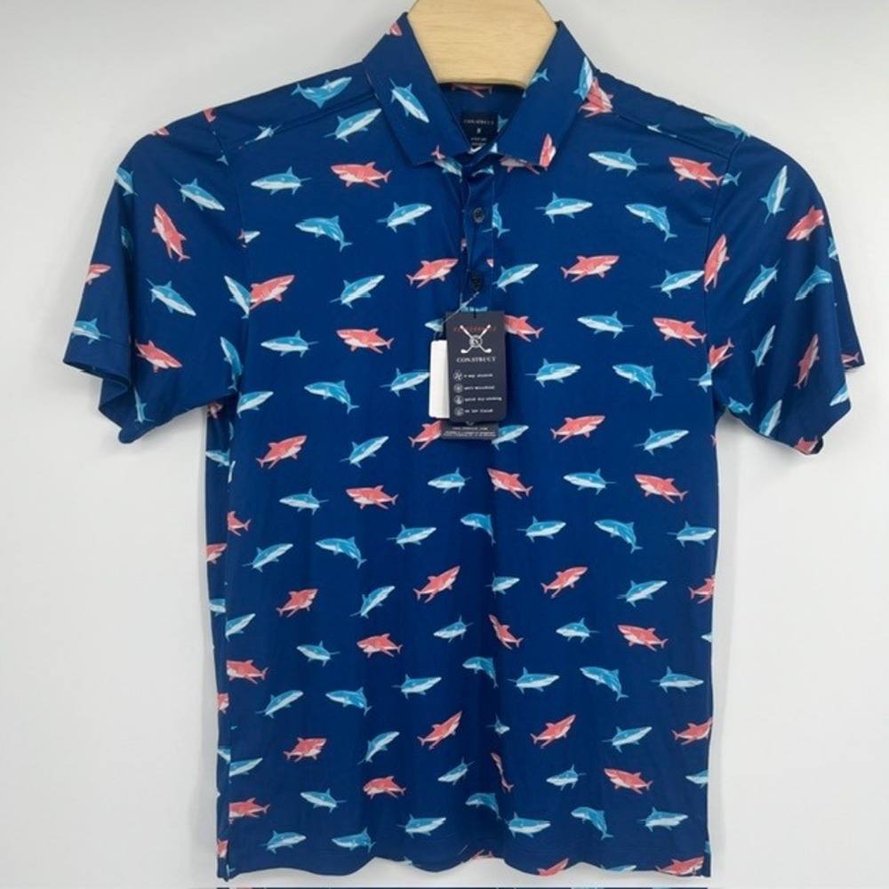Con.Struct Mens Shark Print Performance Golf Polo Blue Coral UV 50+ Stretch M